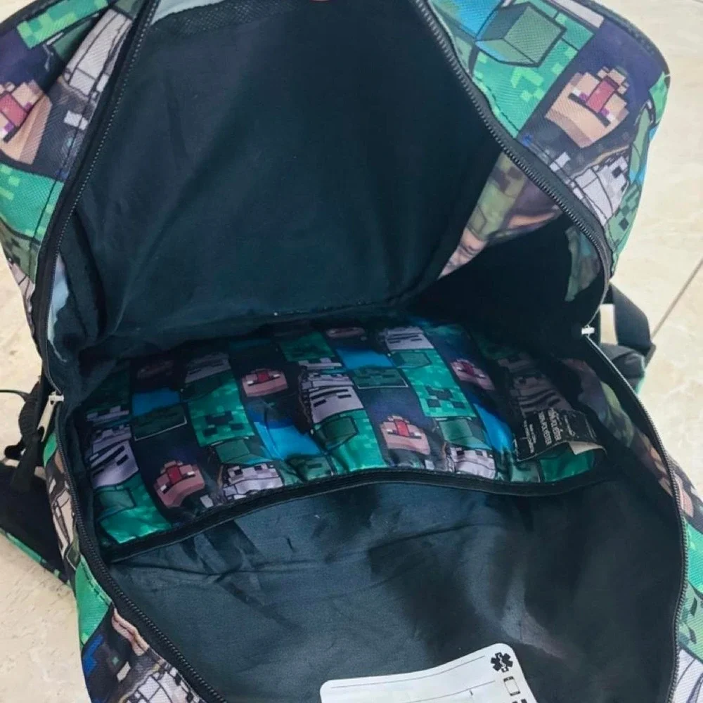 Minecraft Creeper Backpack Green Pixelated Face Gaming School Bag Mesh Pockets